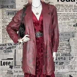 Vintage 90s Burgundy  Leather Trench Coat With Maple Leafs SZ M